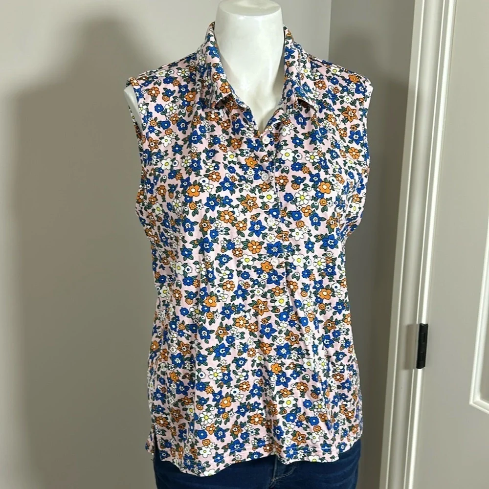 Tory Burch Polo MERCERIZED COTTON SLEEVELESS RIBBON WILD PRINTED FLOWER Top XL